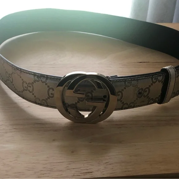 Gucci Guccissima Interlocking G Gold Leather Belt Size 85 Authentic Gucci Cream Guccissima Leather Gold Interlocking G  main image 4